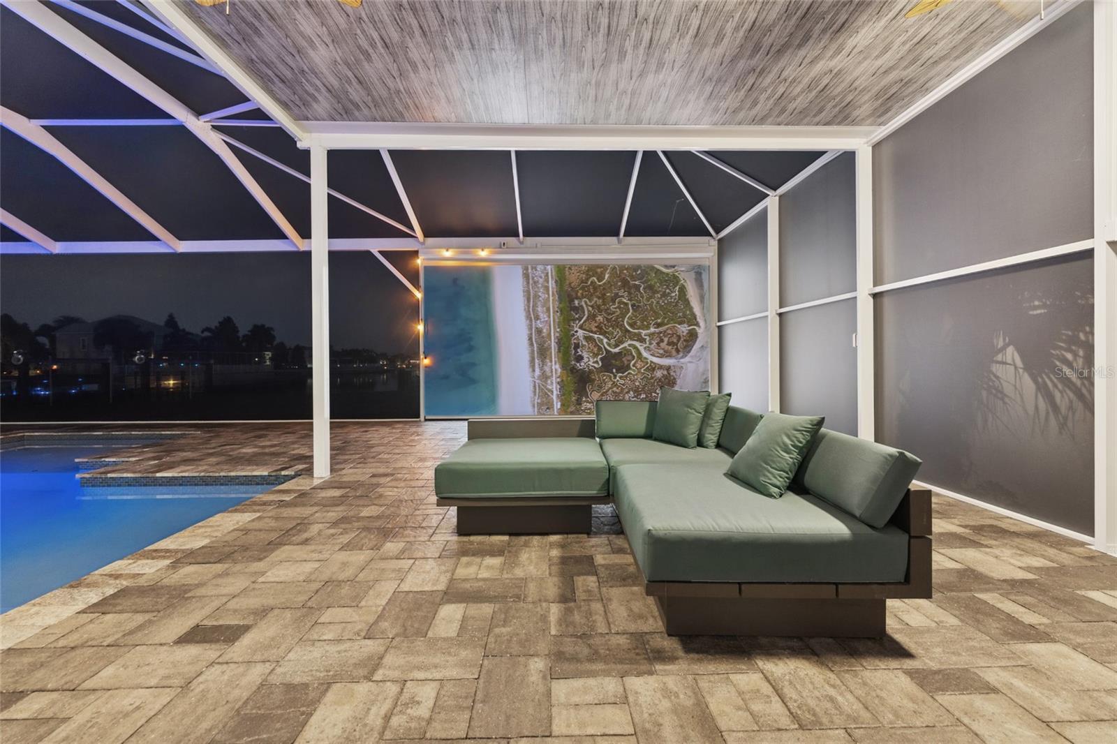 Virtual staged furniture and outdoor built in projection screen