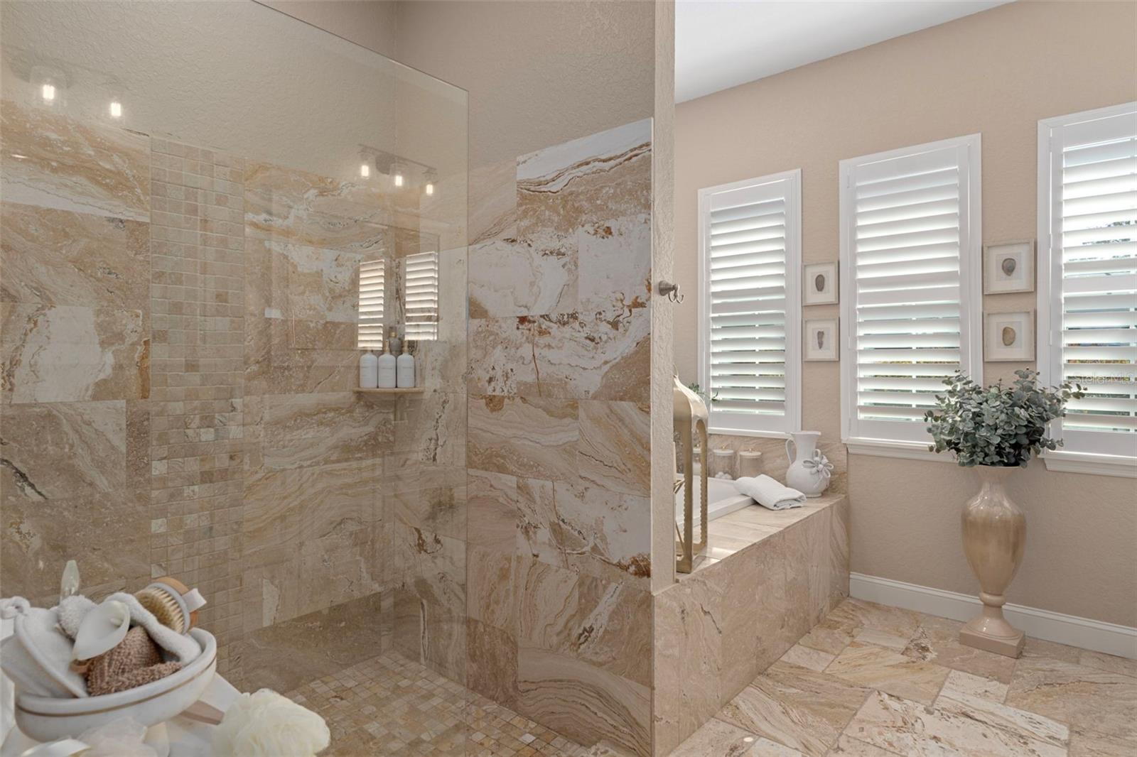 Travertine walk-in shower and soaking tub