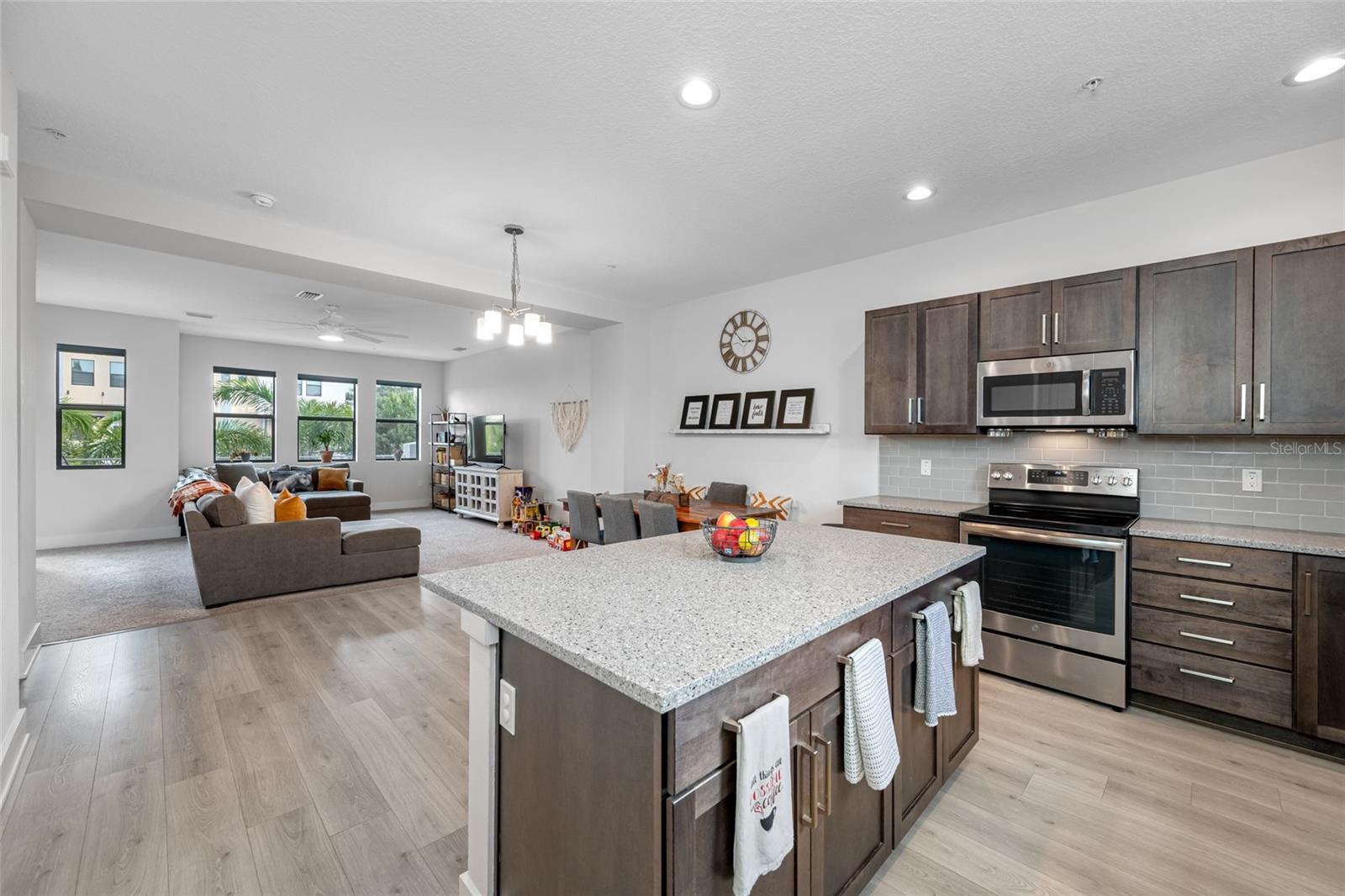 Gourmet kitchen with quartz countertops, Open to the dinning and living room. 10 ft ceilings and oversized windows let in lots of natural light. Second Floor