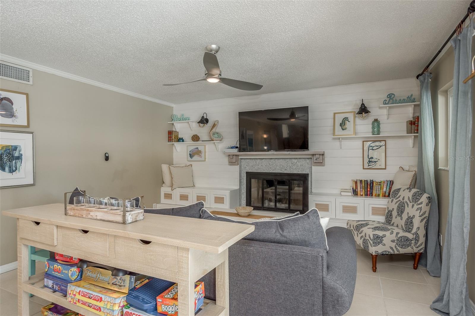 First floor family room with wood burning fire place