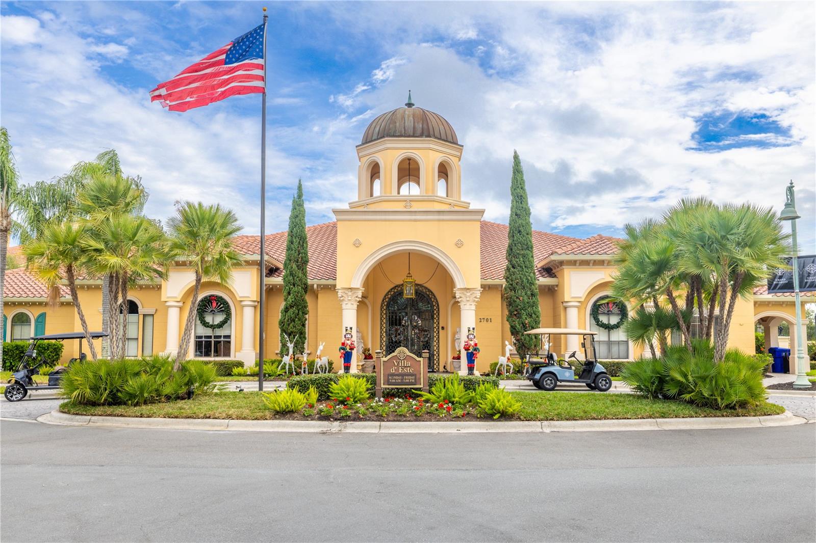 The Grand Bellagio Clubhouse is large social villa (6800-8500 sq. ft) with fitness center, club room, conference room, billiards room, theater room, and bar.