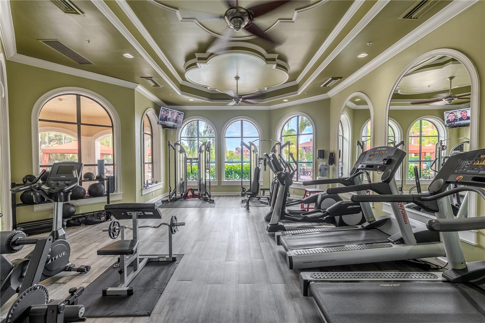 Spacious clubhouse fitness center with cardio and strength equipment, soaring tray ceilings, and tall arched windows that flood the gym with natural light and resort-style views.