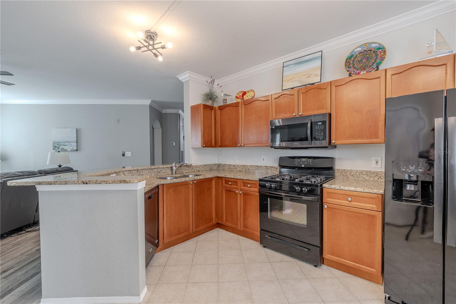 Bright, open kitchen featuring warm wood cabinetry, granite countertops, and black appliances, with a breakfast bar that overlooks the living area for easy entertaining.