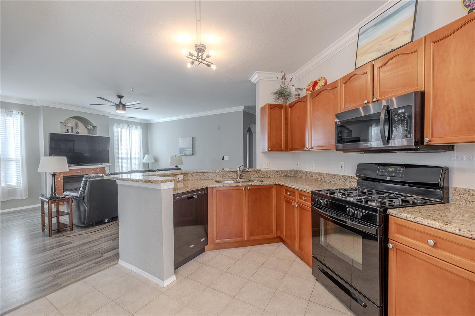 From the kitchen’s granite breakfast bar, the open living and dining areas unfold with crown molding, abundant natural light, and a cozy fireplace that anchors the inviting open-concept layout.