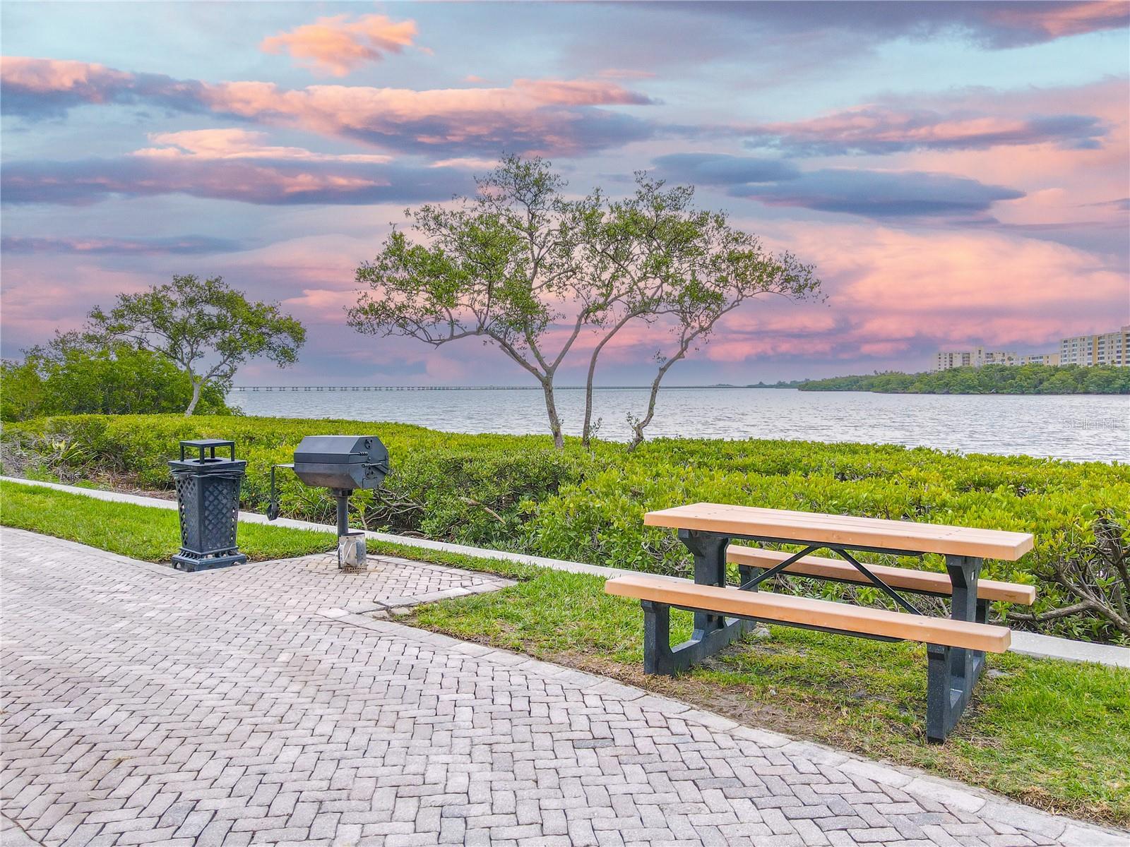 Waterfront picnic area along the bay featuring a paver patio, grill, and bench seating—an ideal spot to relax and enjoy stunning sunset views over Old Tampa Bay.