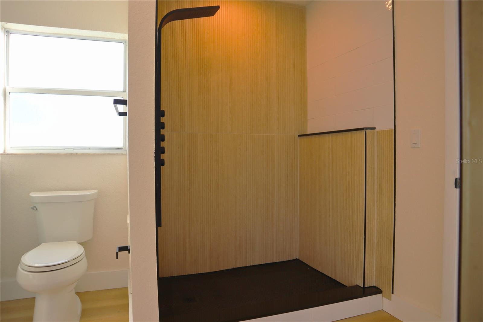 Primary bath- Walk in shower with a low curb and shower tower with a rain head, body jets, and a hand shower.