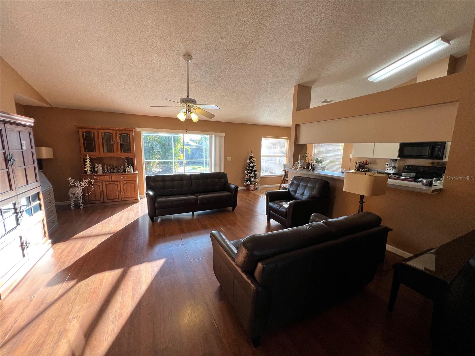 Separate family room off kitchen. Doorway on far left is to hallway leading to second and third bedrooms, hall bath, and laundry room.