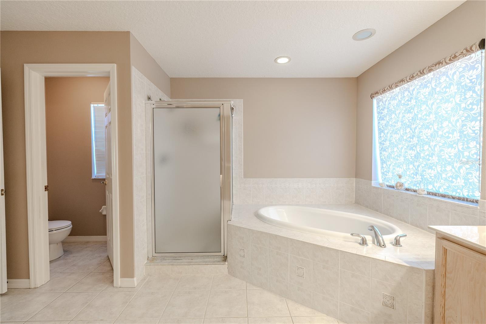 Primary bath features a relaxing corner soaking tub, separate shower, and private water closet—designed for comfort and convenience.