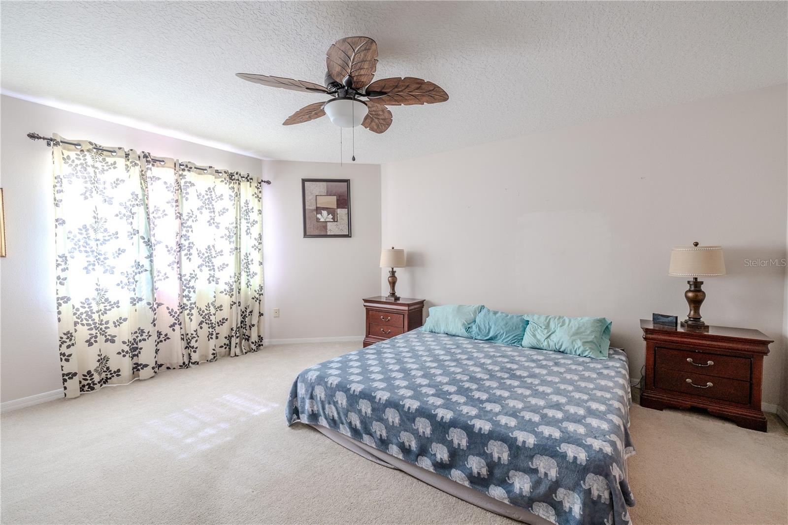 Spacious primary bedroom features plush carpeting, a stylish ceiling fan, and a large window that fills the room with natural light.