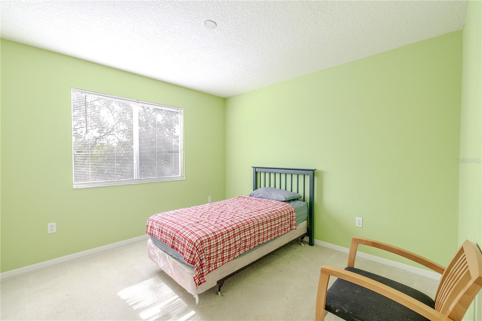 Bright second bedroom features plush carpeting, built in closet, and a large window that fills the space with natural light—ideal for guests, a home office, or a nursery.
