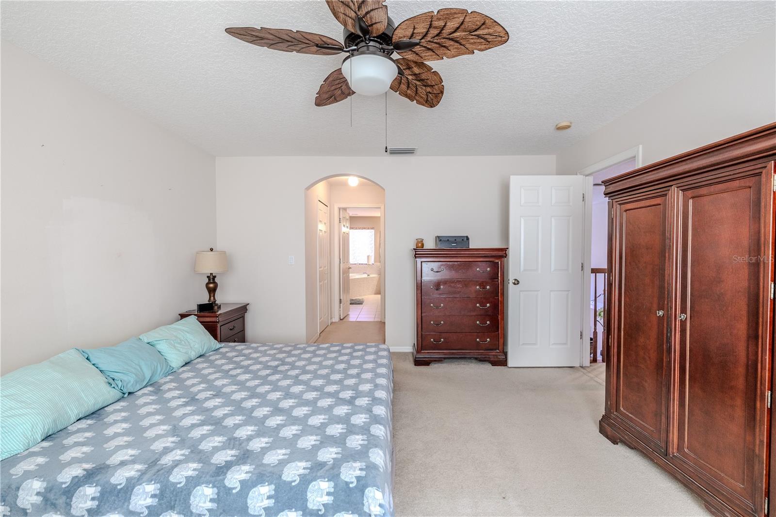 Primary suite offers a spacious retreat with plush carpeting, a decorative ceiling fan, and a private hallway leading to the en-suite bath and closets.