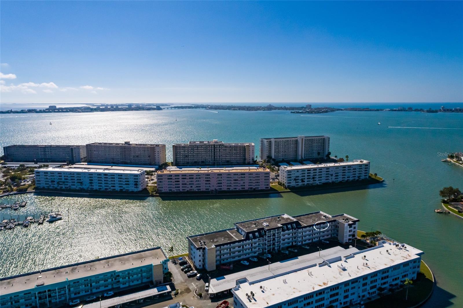 Unit bldg (Hampton) on Boca Ciega Bay. Tampa Bay on left horizon, St Pete beach on right horizon.
