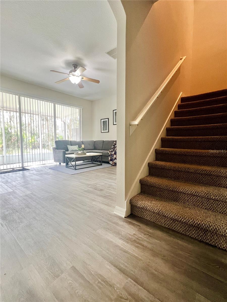 The stairs are wide and have a landing in the middle.  All of the carpet was sanitized and cleaned in December 2025.