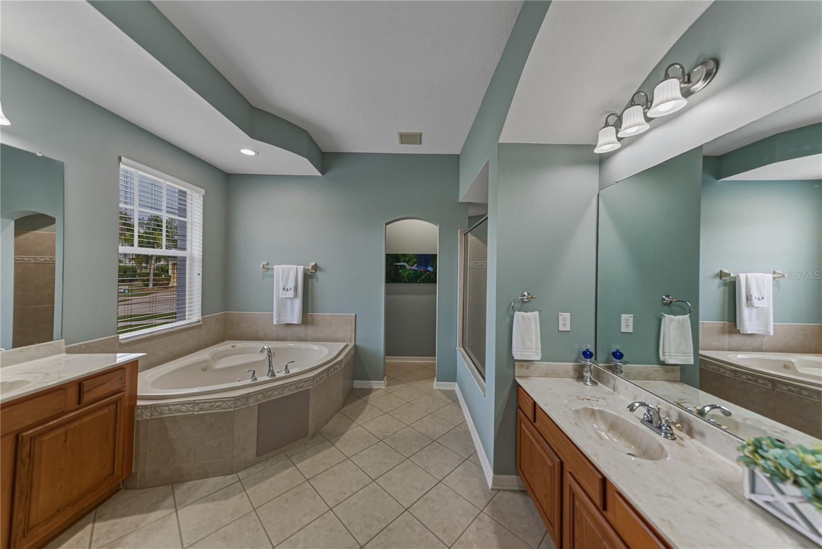 Primary bathroom filled with light