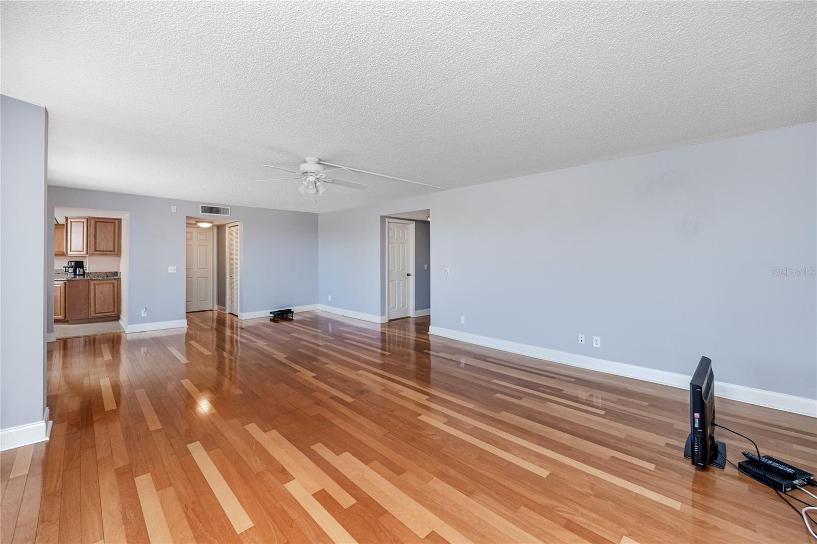 Large living room with plenty of natural light and updated flooring