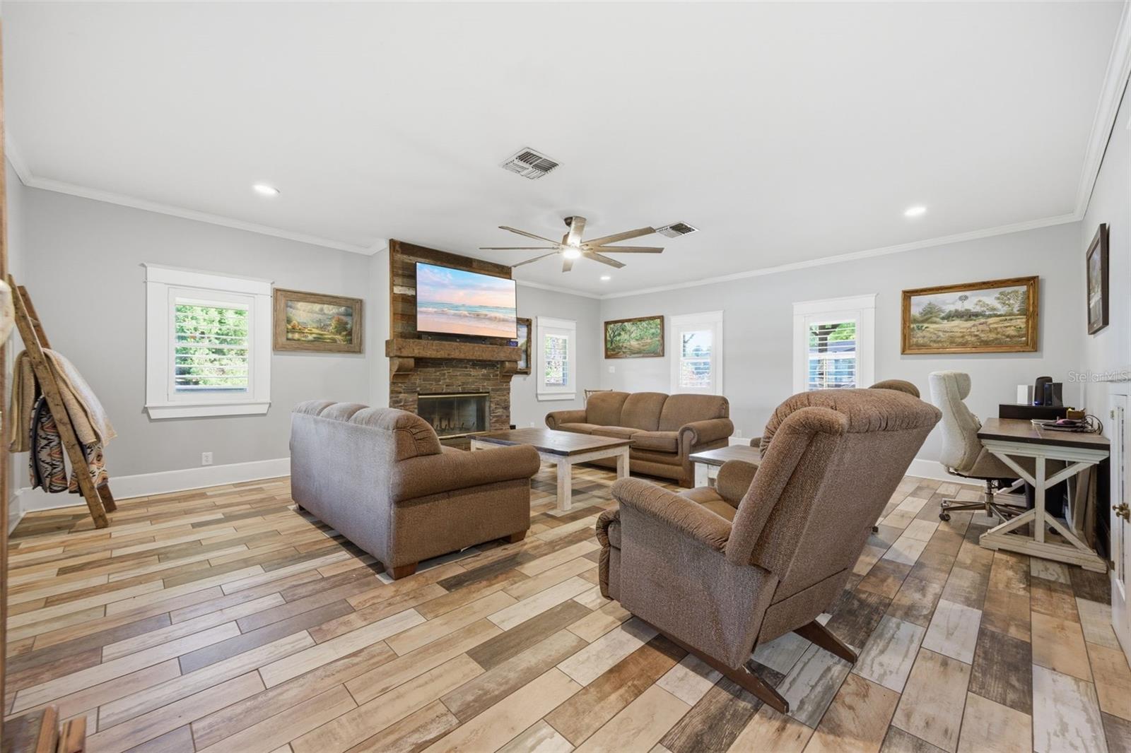 Living Room with custom fireplace