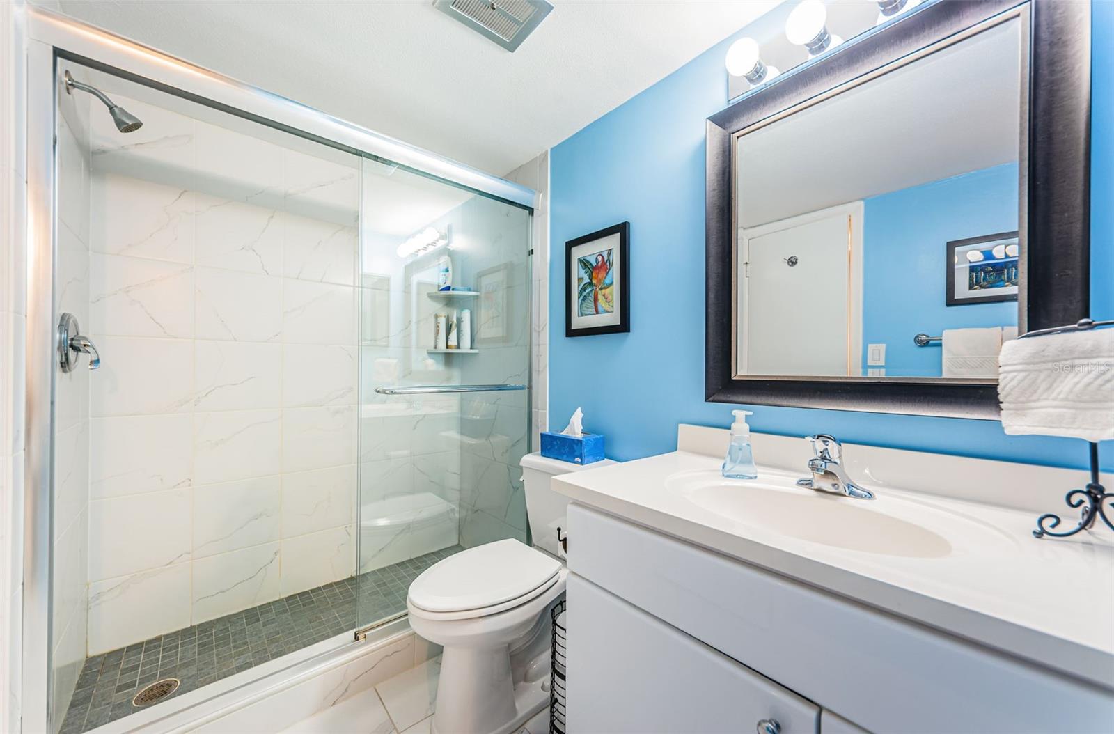 Updated bathroom with vanity, tile shower and toilet