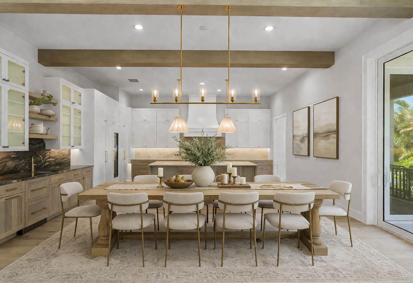 BANQUET-SIZED DINING AREA ACCESSORIZED WITH SERVICE BAR  Virtually staged