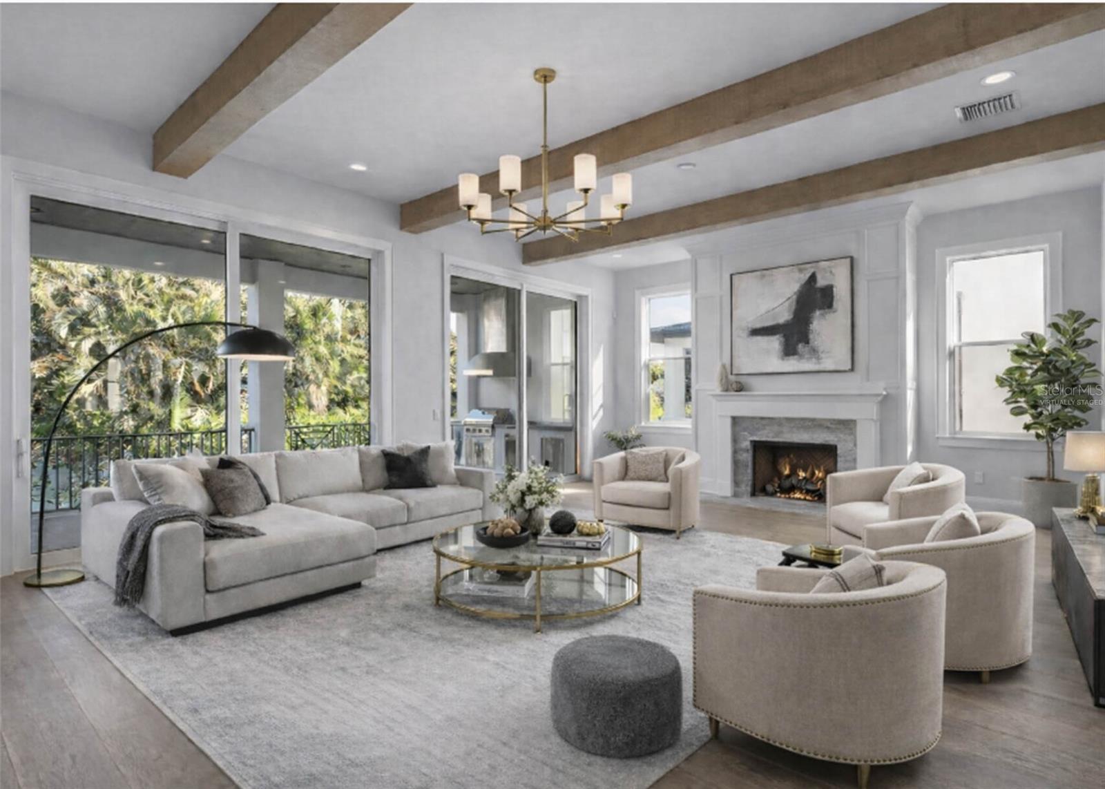 TRULY GREAT ROOM WITH BOXED BEAMS, WHITE FRENCH OAK FLOORS, GAS FIREPLACE.  Virtually staged