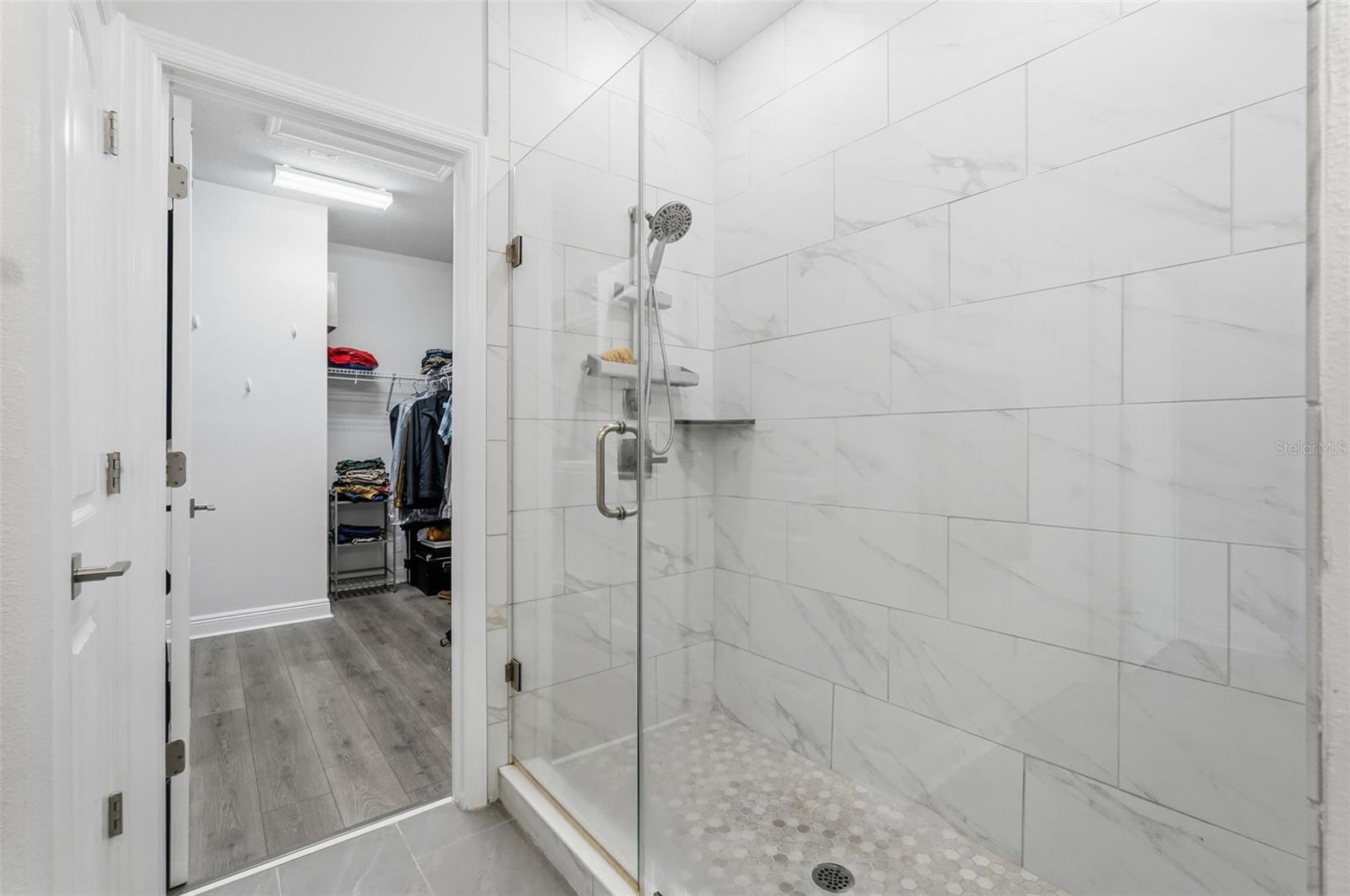 Master bathroom view of shower and walk-in closet