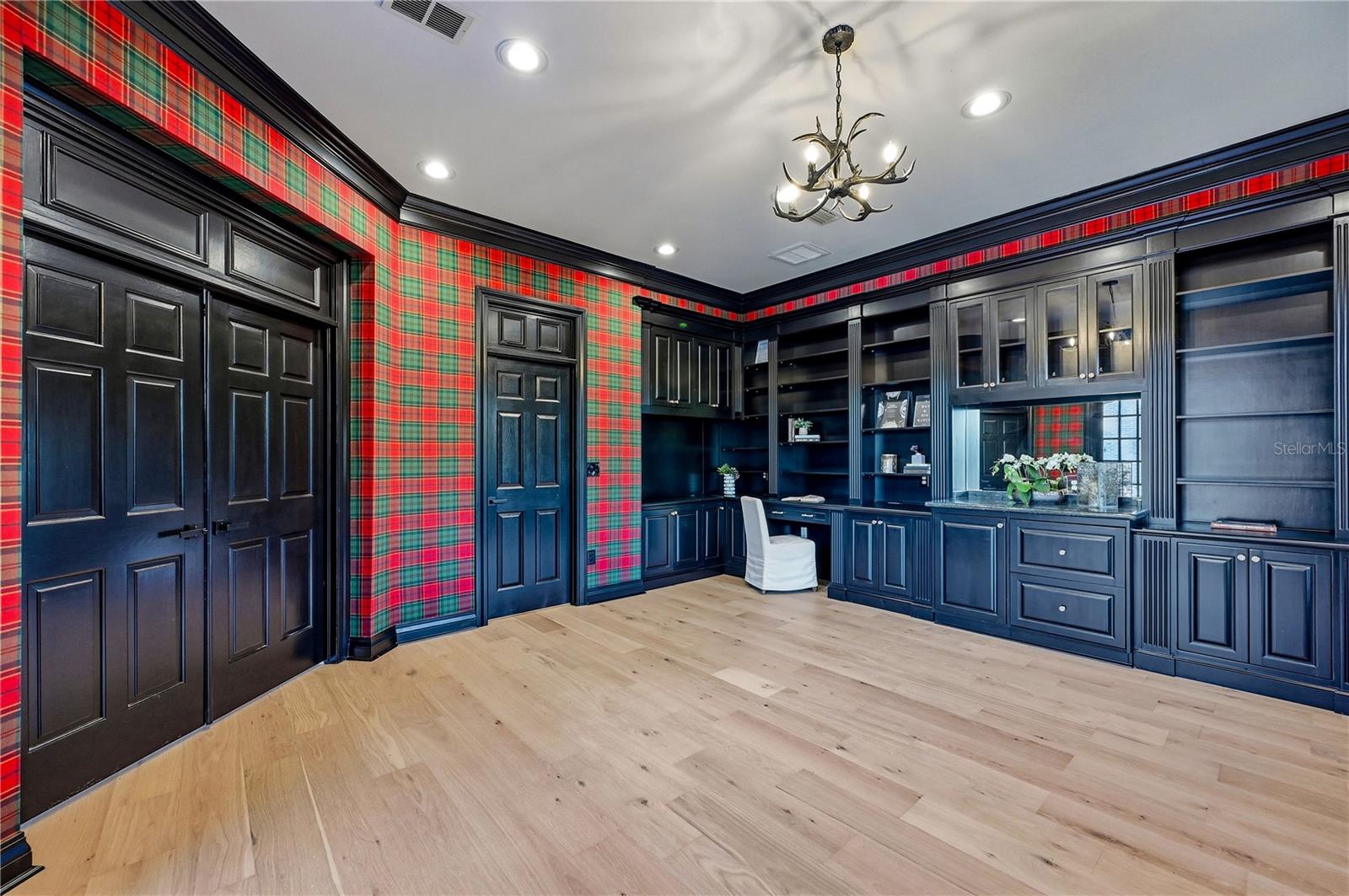 Beautiful Ralph Lauren walls off of the master for privacy. Great executive office! with workout room through doors and Private exterior access.