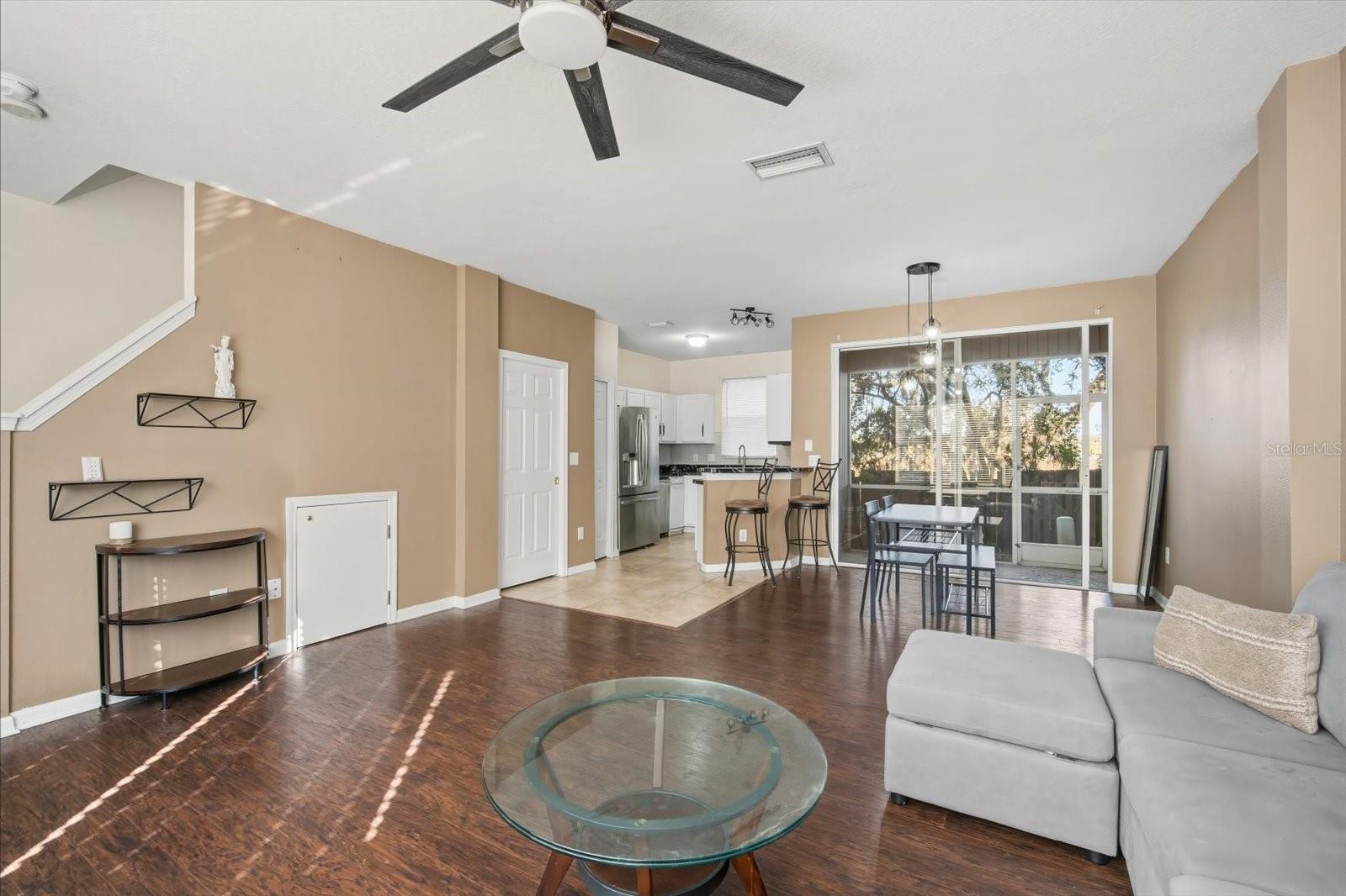 Open Floor plan with living, dining and kitchen combo.