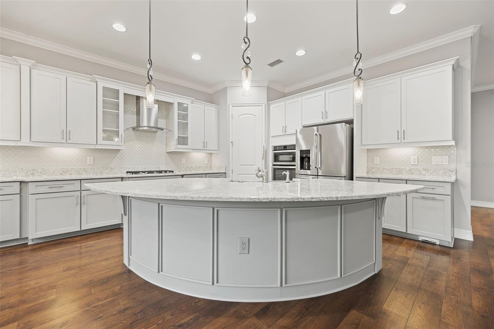 Beautiful Cambria quartz countertops and gourmet kitchen appliances.