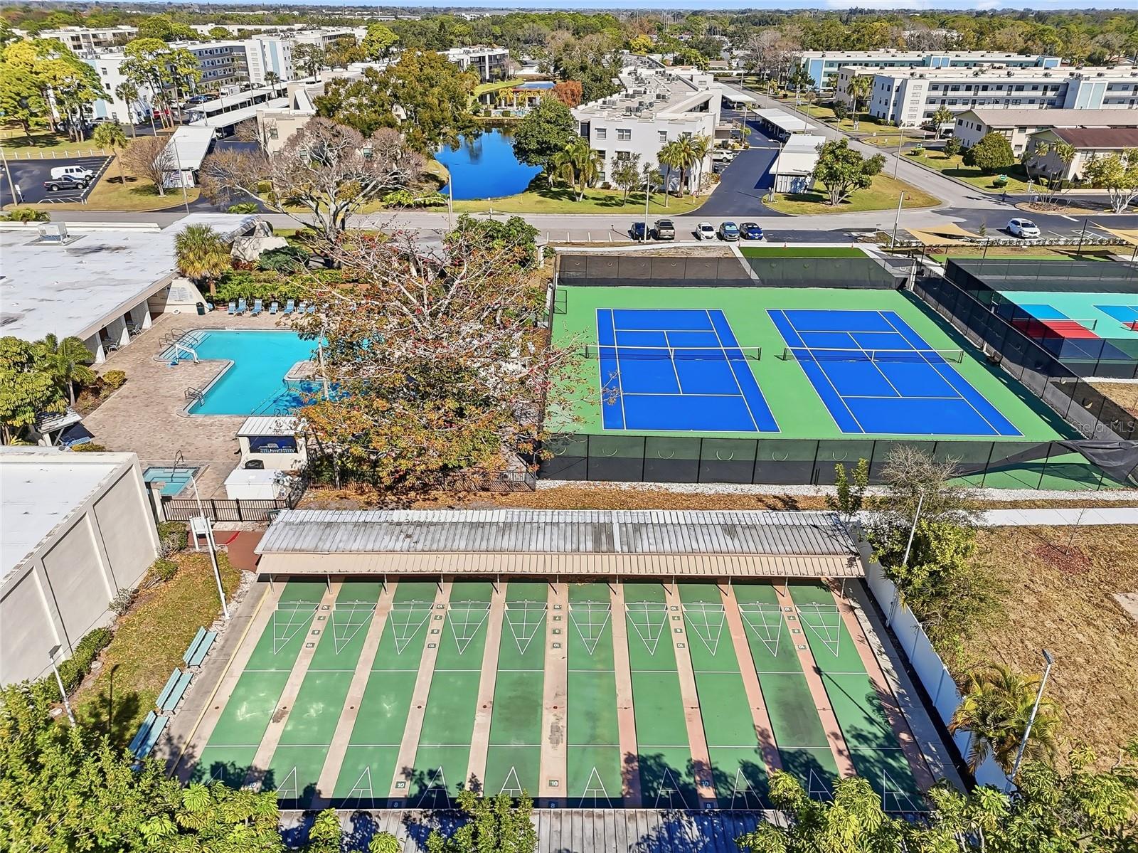 Shuffleboard, tennis and pickleball courts.
