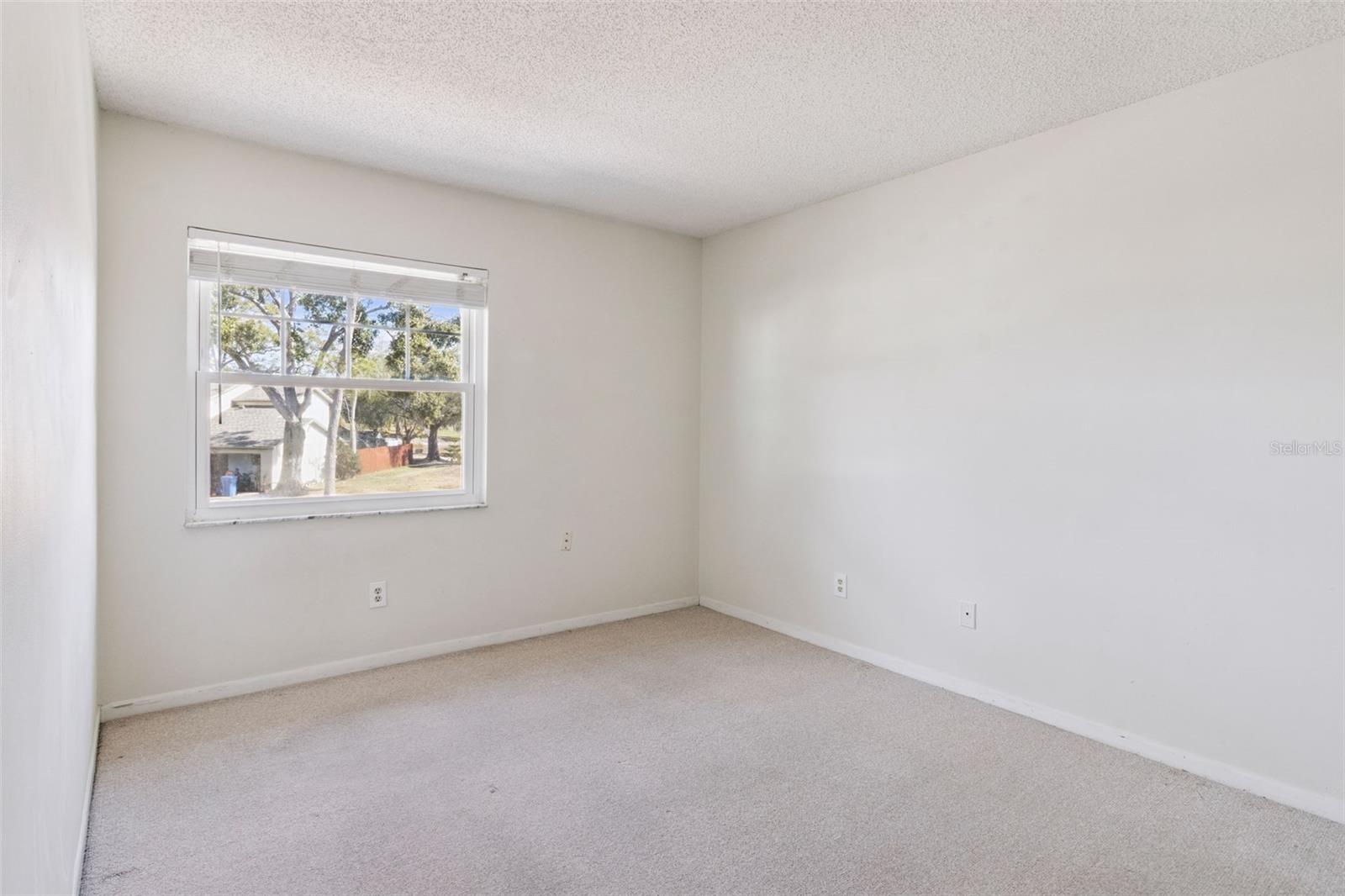 Additional front-facing second-floor bedroom with carpeted flooring, a large window, and a simple rectangular layout.