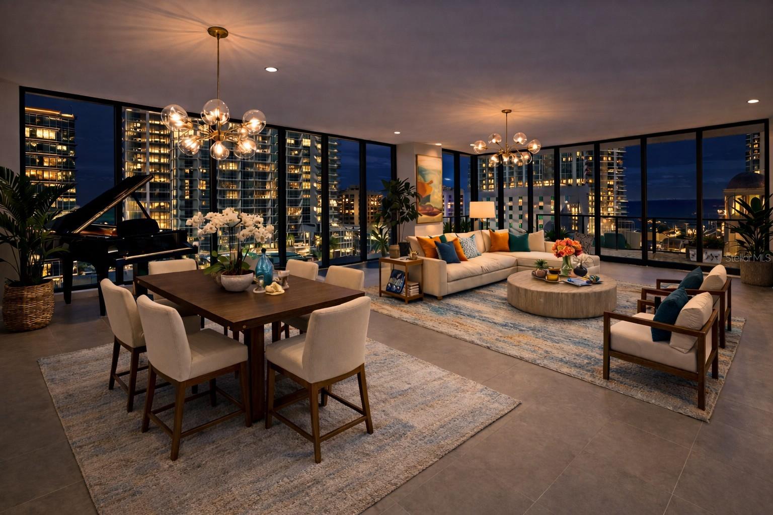 Nighttime Dining Room & Great Room Digitally Staged