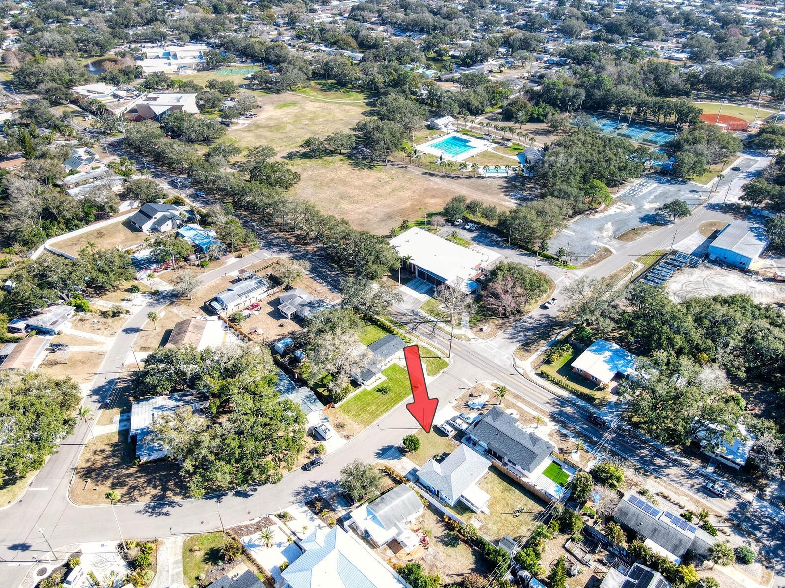 Aerial view Communtiy pool, Fine Arts Center, Fire Station