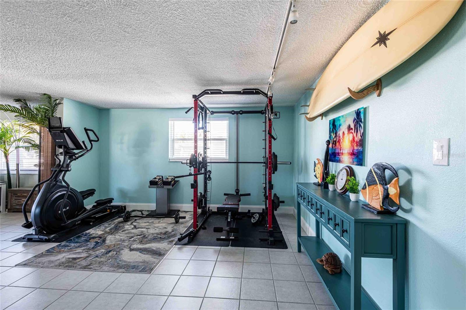 Dining area being used as a gym.