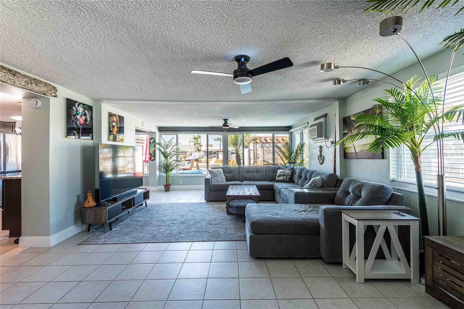 Spacious great room overlooking the canal.