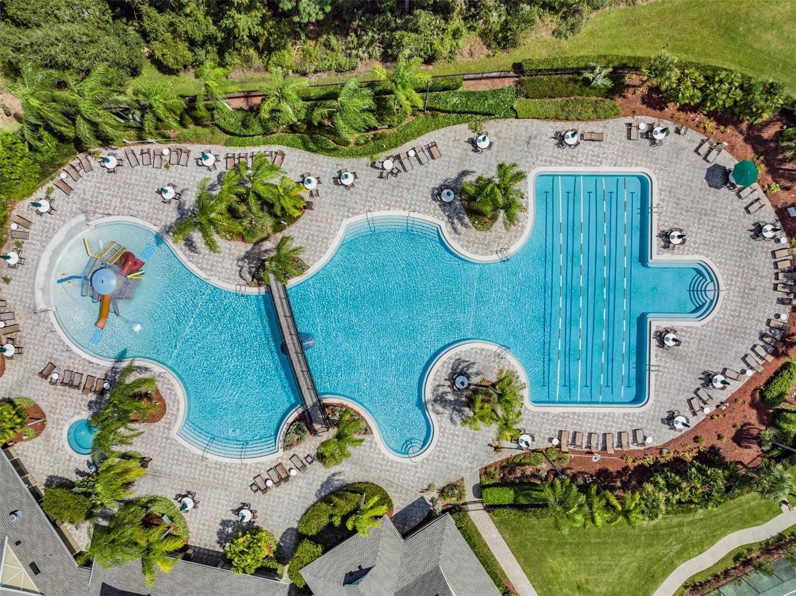 Resort pool with laps and splash pad area