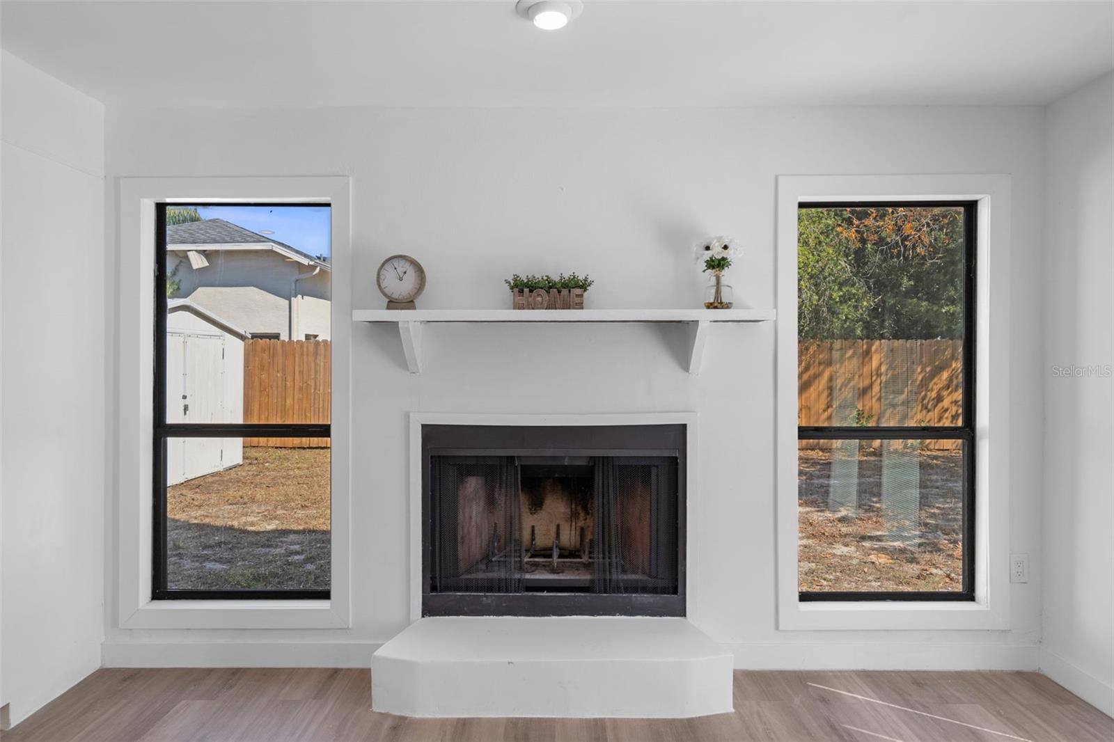 Close-up of the wood burning fireplace