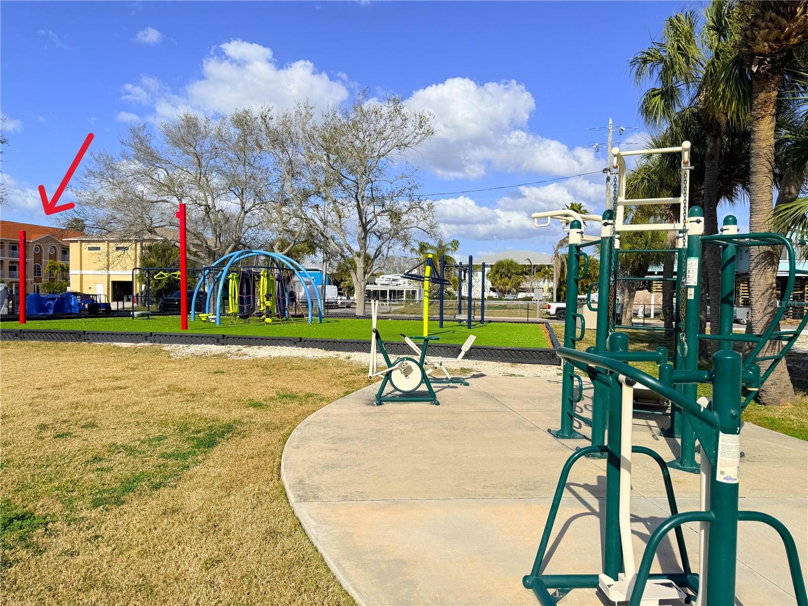 Beach Park has a Playground, Exercise Equipment, 2 Basketball 1/2 Courts and Shuffleboard