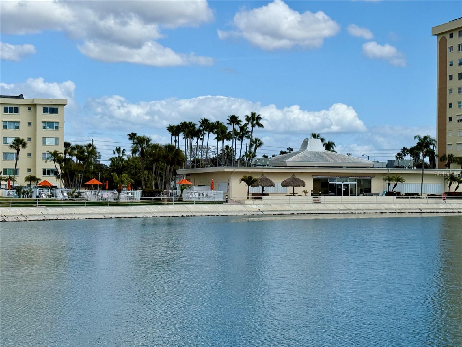 Waterfront club house and pool.