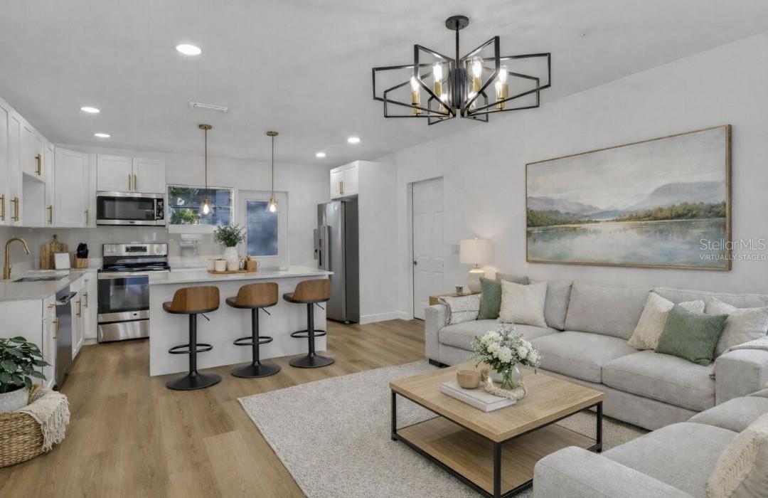 Virtually staged Kitchen and living room combo