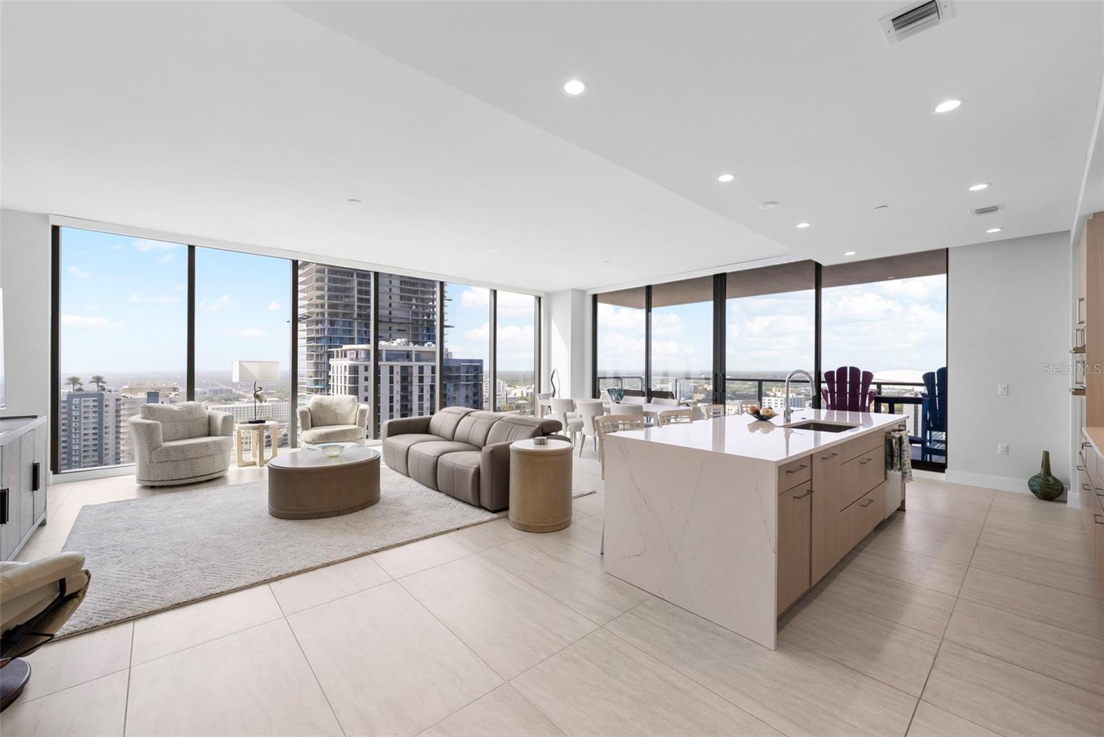 Great room's two walls of windows.