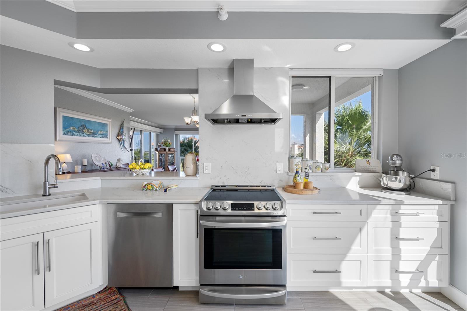 Modern kitchen looking out to dining and family room through kitchen passthrough