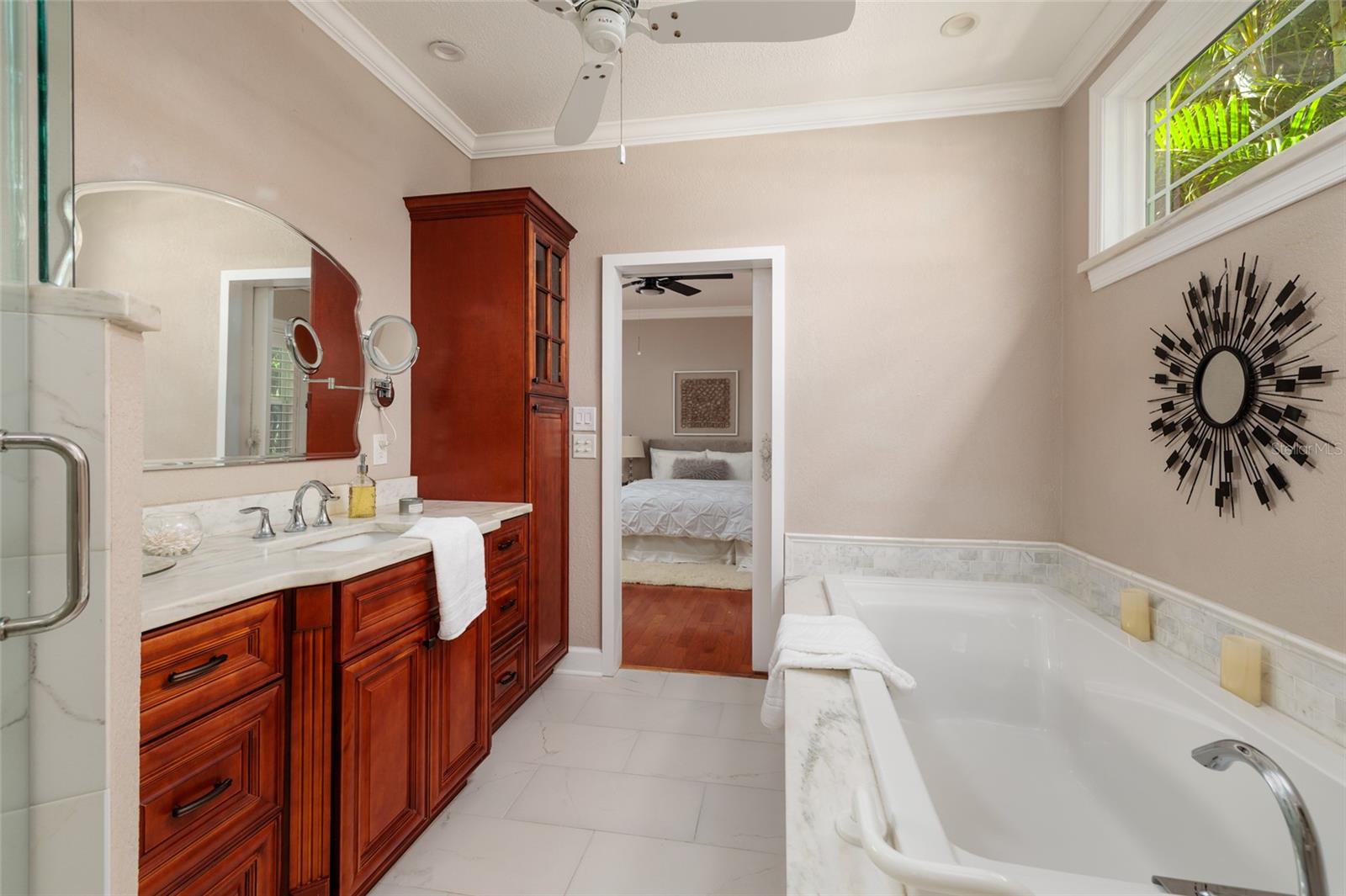 Soaking tub, large shower and built in vanities