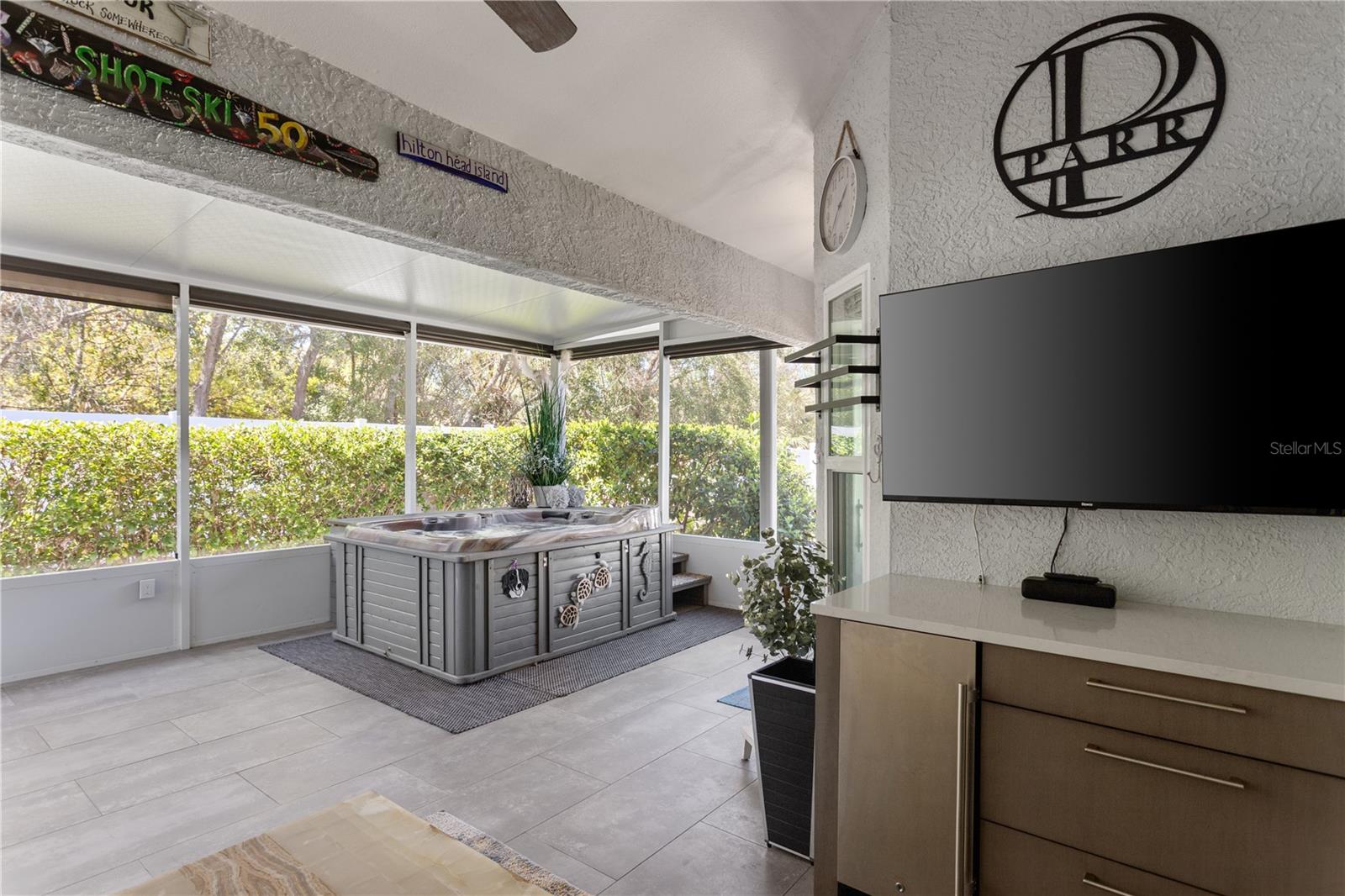 Covered Lanai with Custom Automated Outdoor Shades, Dry Bar, Beverage Fridge and Hot Tub