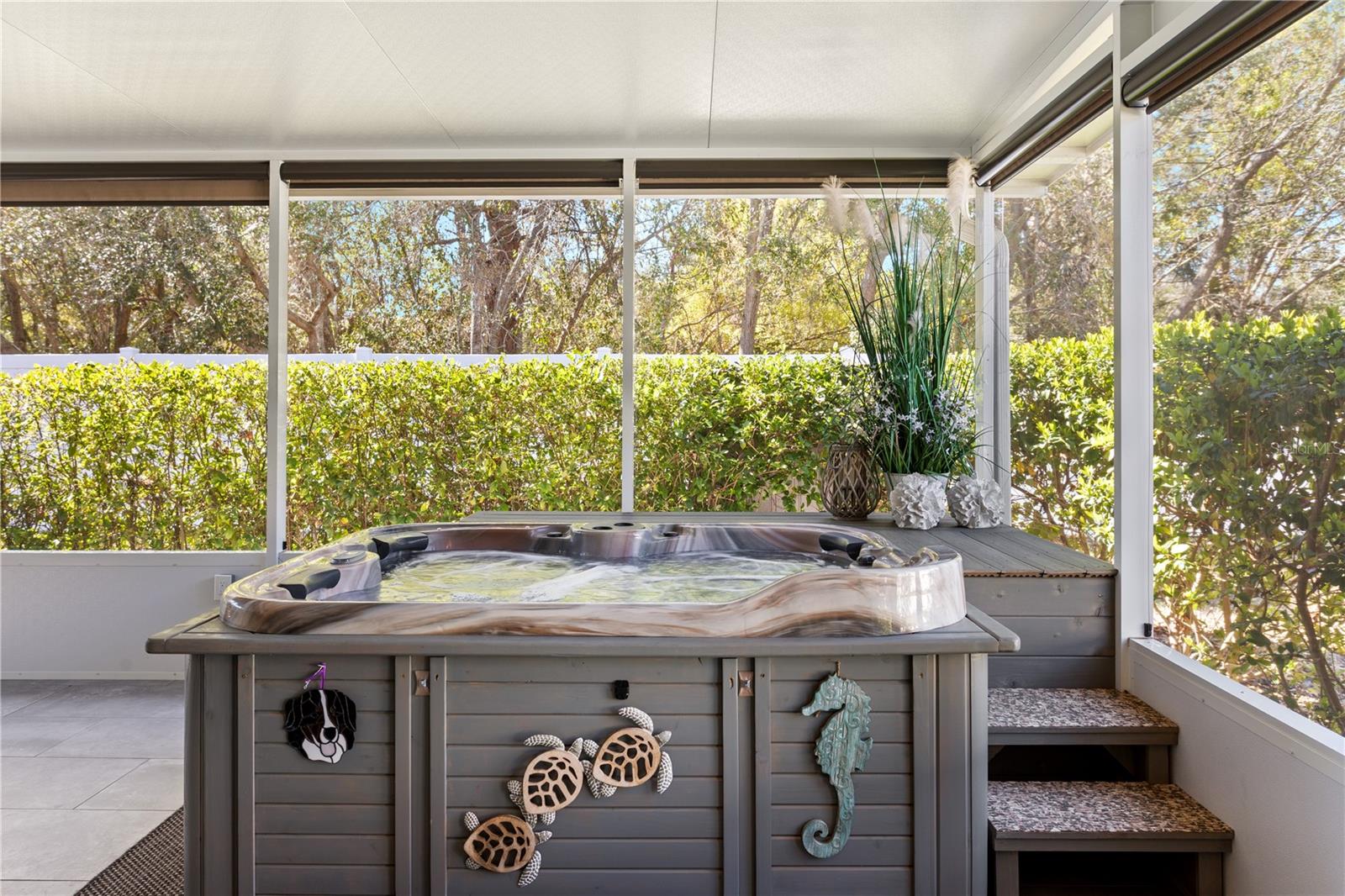 Covered Lanai with Custom Automated Outdoor Shades, Dry Bar, Beverage Fridge and Hot Tub