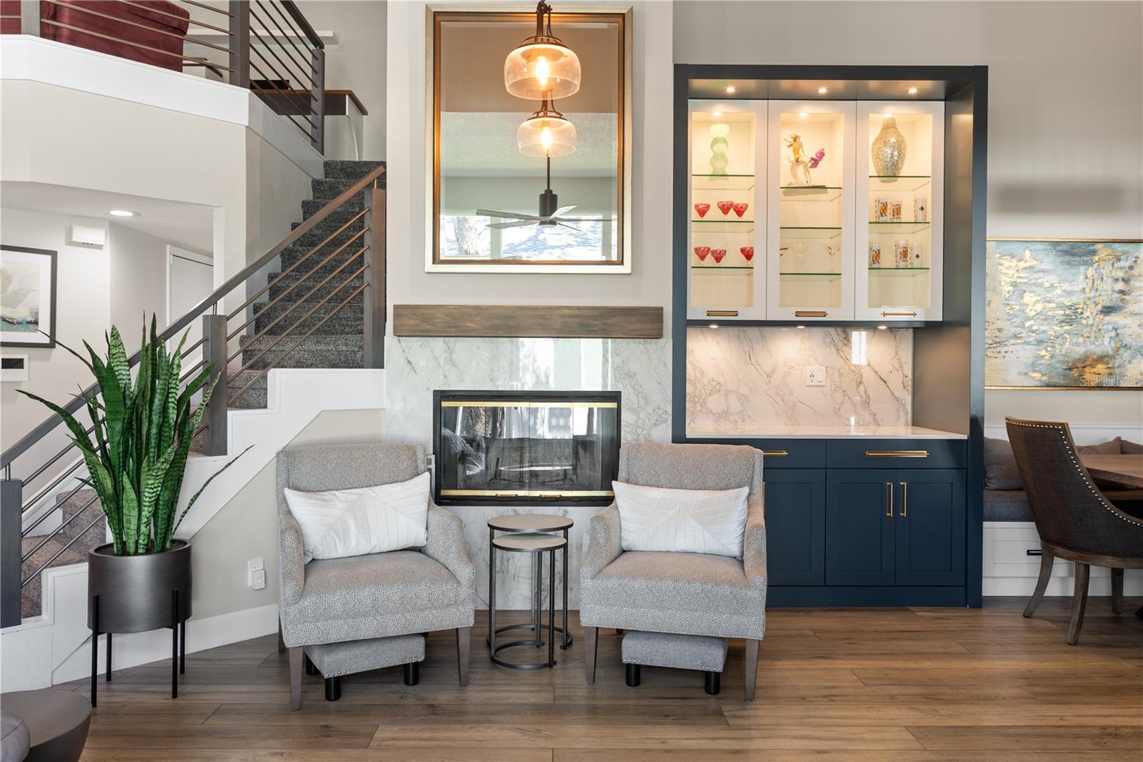 Wood Burning Fireplace with Quartz and Custom Copper Mantle