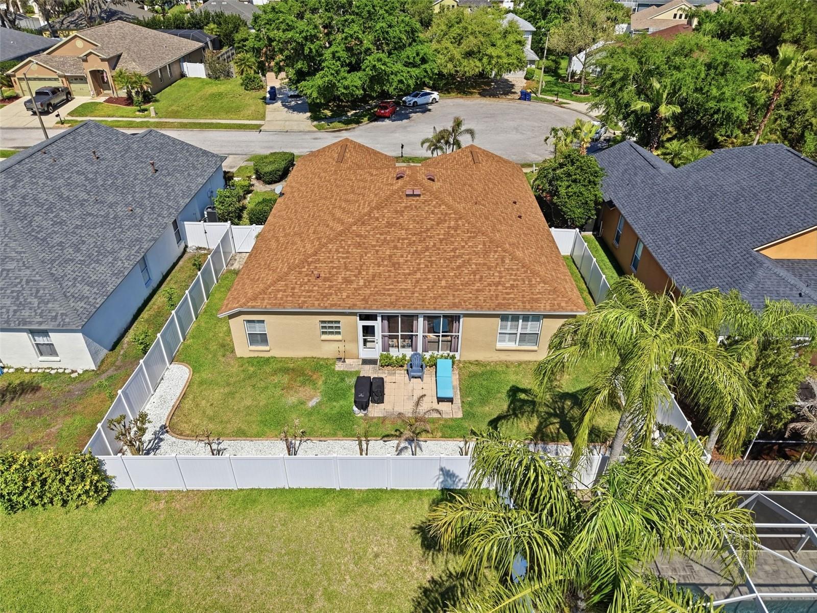 Aerial view of the home.  Notice the cul-de-sac in front.