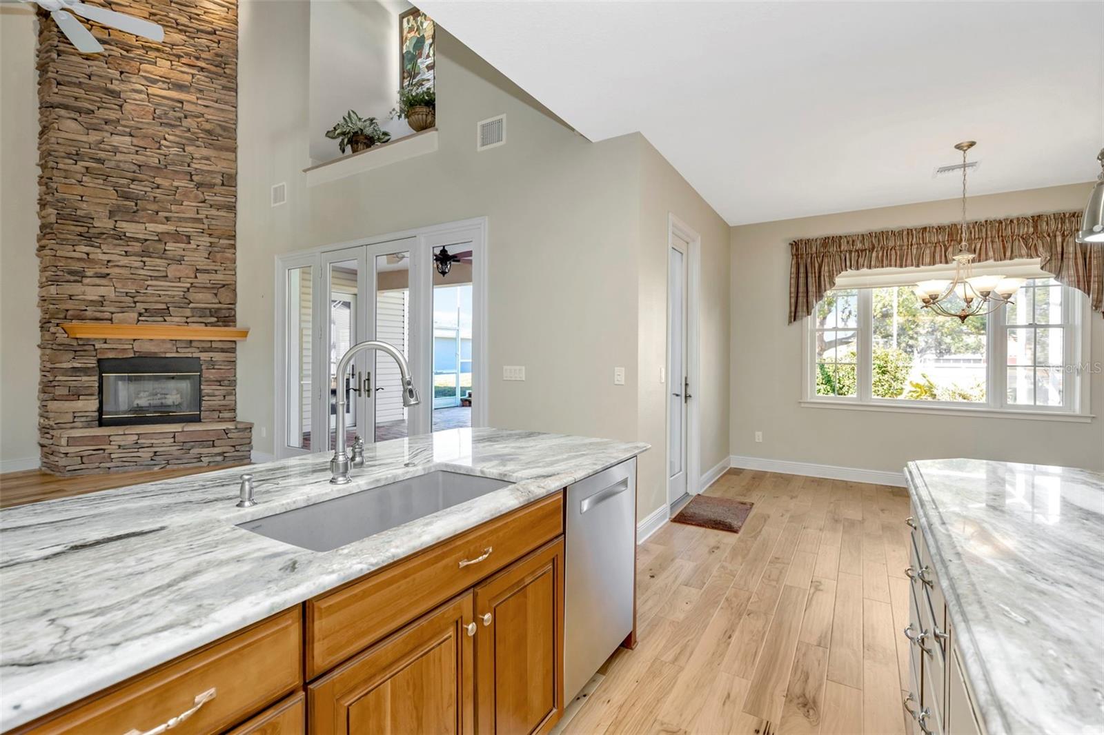 Kitchen view towards the family room.