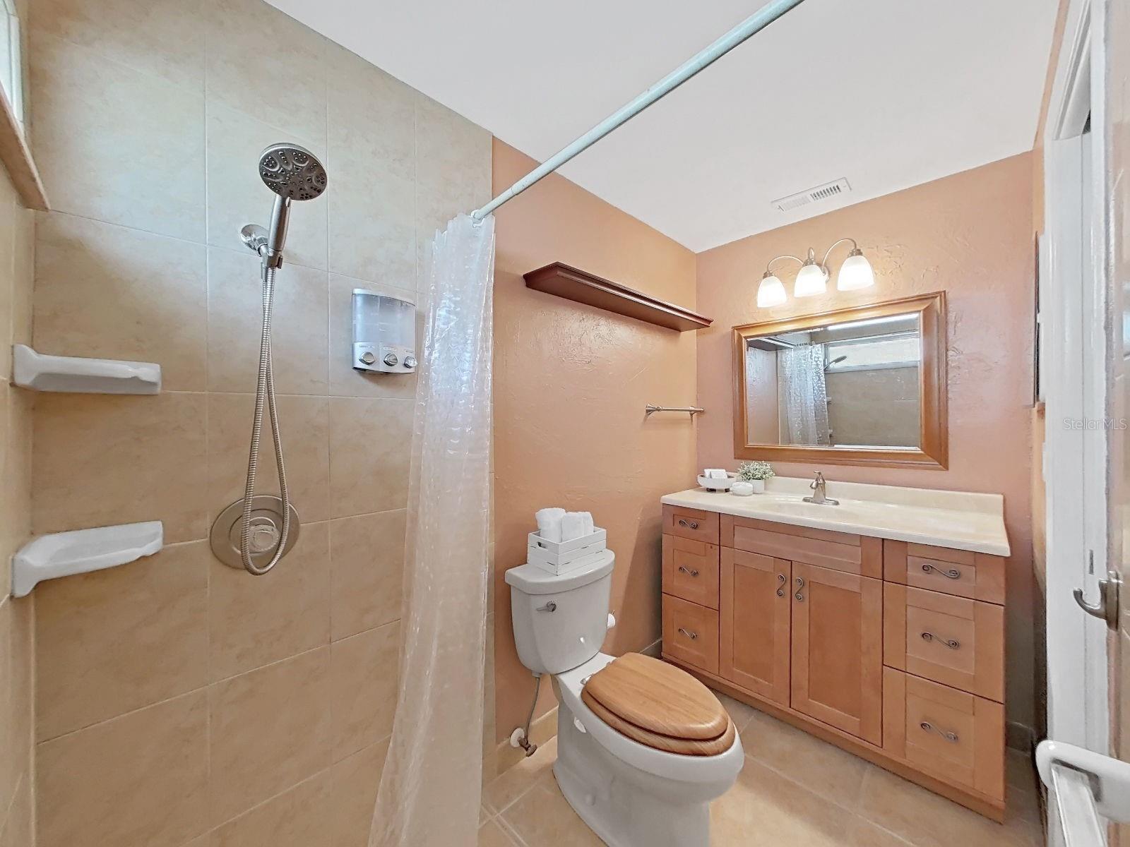 Primary Bath with updated & tiled step-in shower, updated warm wood vanity with extended counter space & complimentary wood-framed vanily mirror. Functional and inviting!