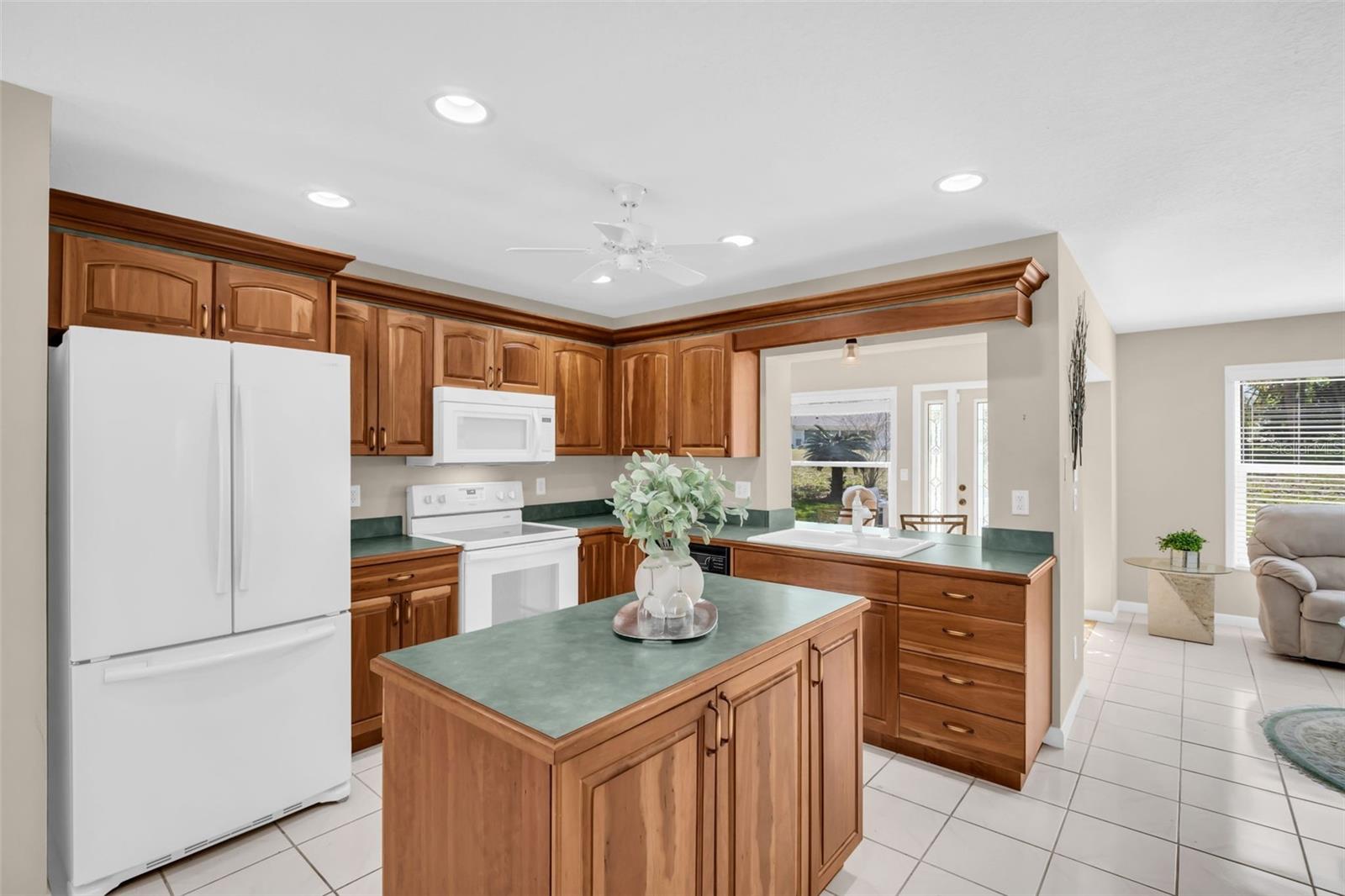Recessed lighting, not a speck of popcorn ceiling, and pass through to the family room with bar top seating~