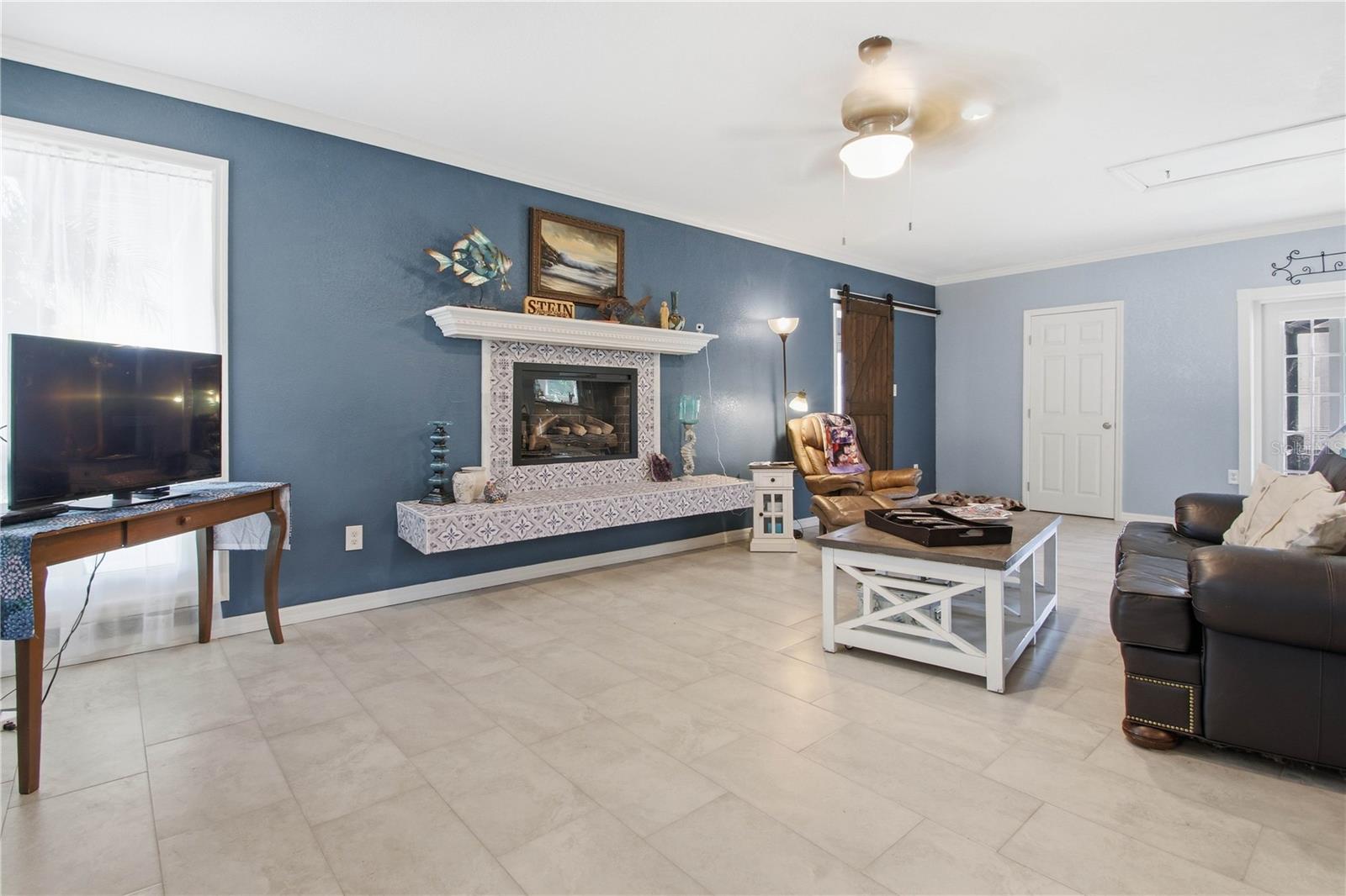 To the left of the entrance is the living room with the 2nd electric fire place.