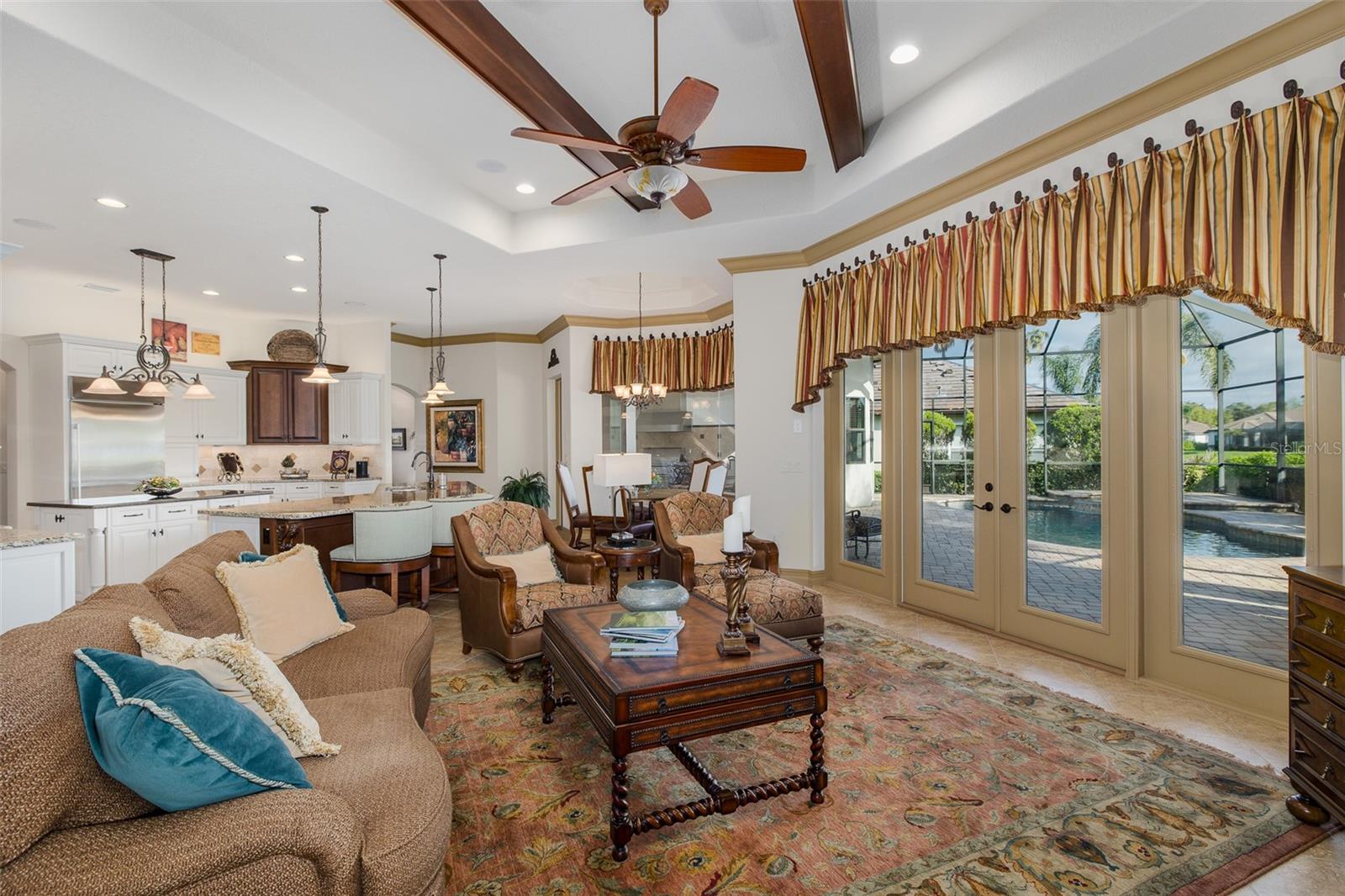 Family room with Wood Beams